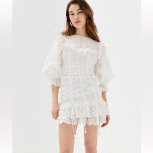 Elegant White Ruched Lace Dress